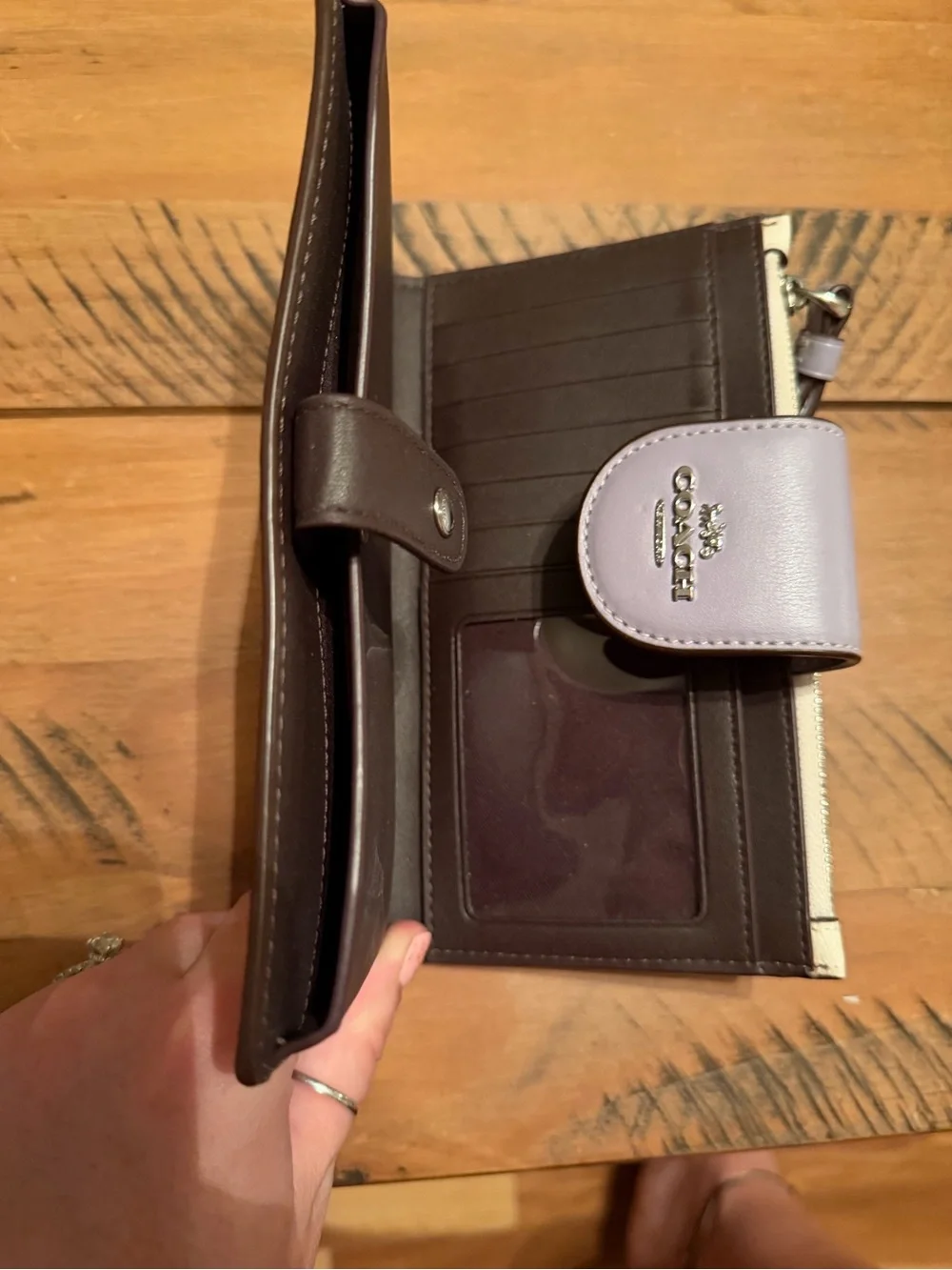 Coach Beige Signature Phone Wristlet with Lavender Strap and Snap